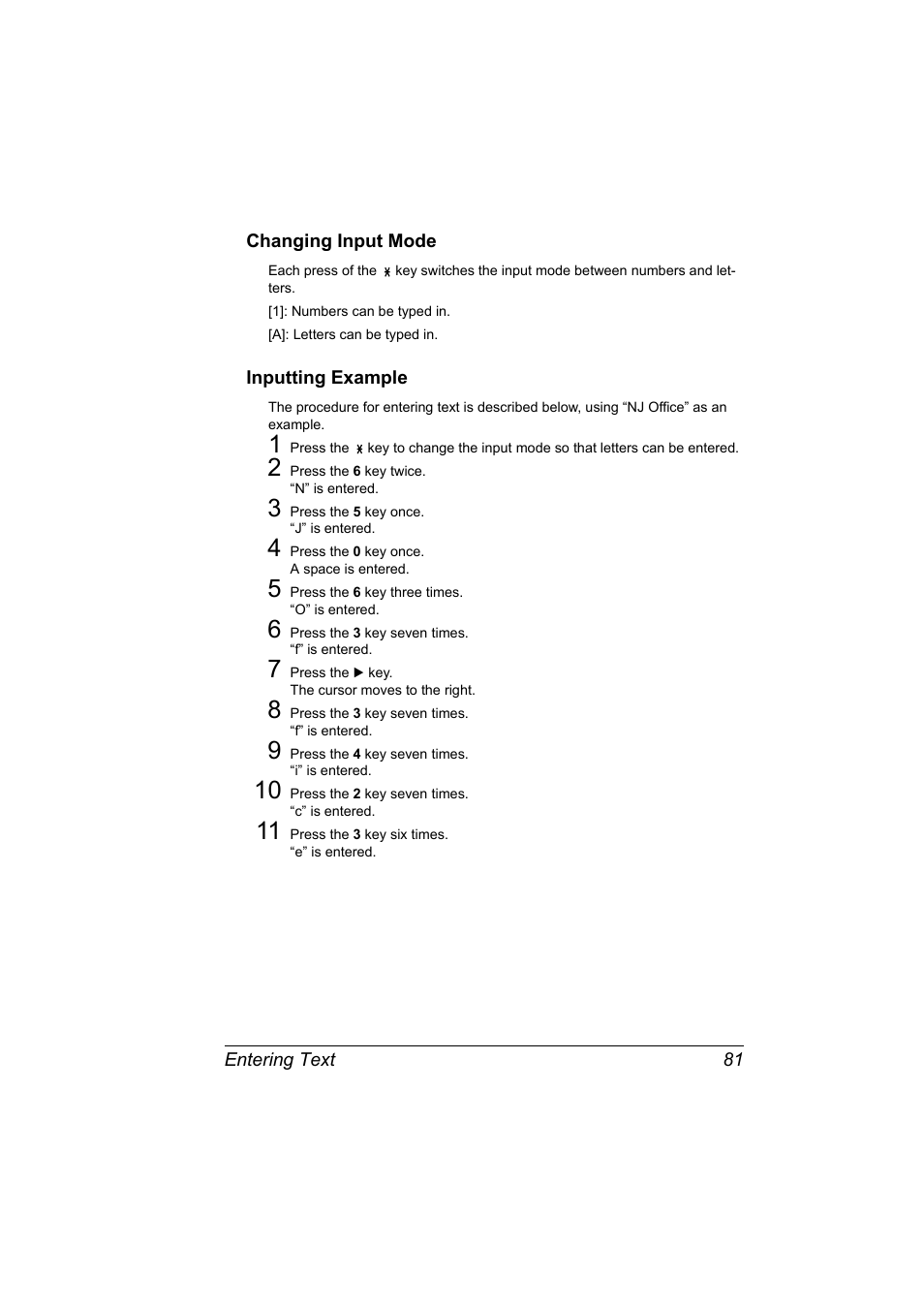 Changing input mode, Inputting example, Changing input mode 81 inputting example 81 | Konica Minolta Magicolor 2590 MF User Manual | Page 87 / 92