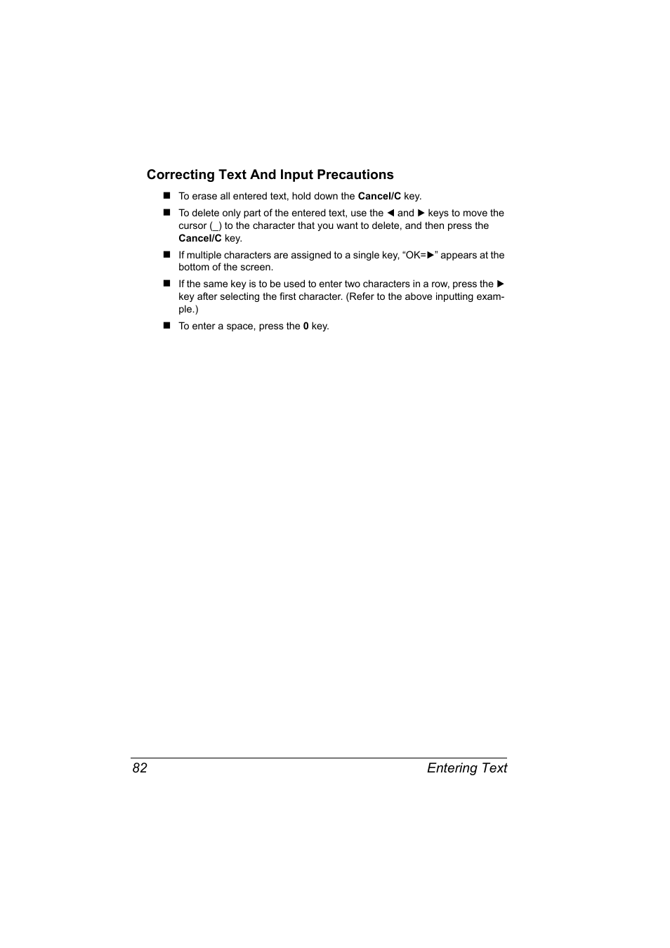 Correcting text and input precautions, Correcting text and input precautions 82 | Konica Minolta Magicolor 2590 MF User Manual | Page 88 / 92