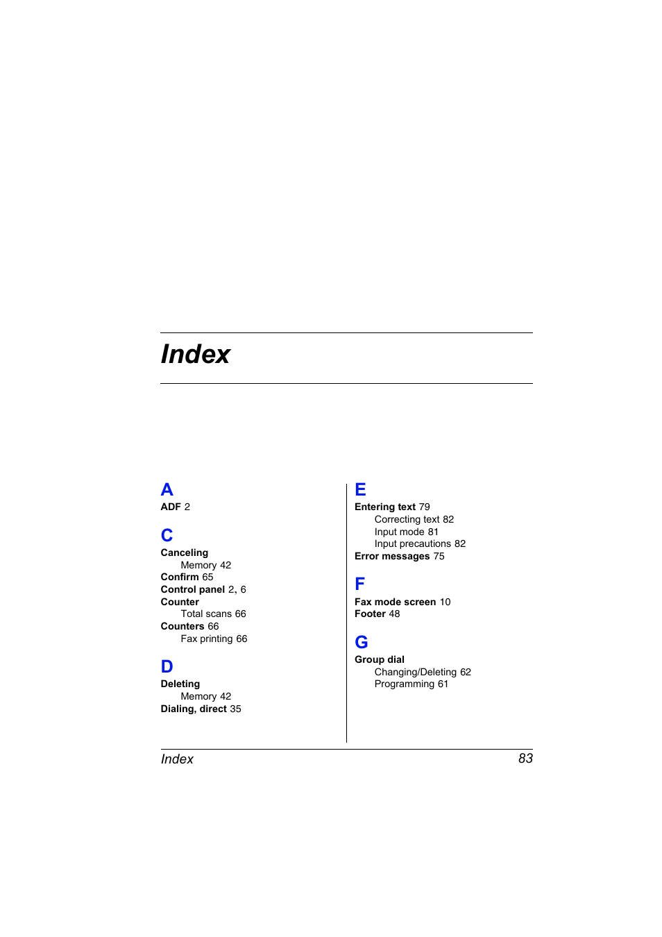 Index, A to g, Index 83 | Konica Minolta Magicolor 2590 MF User Manual | Page 89 / 92