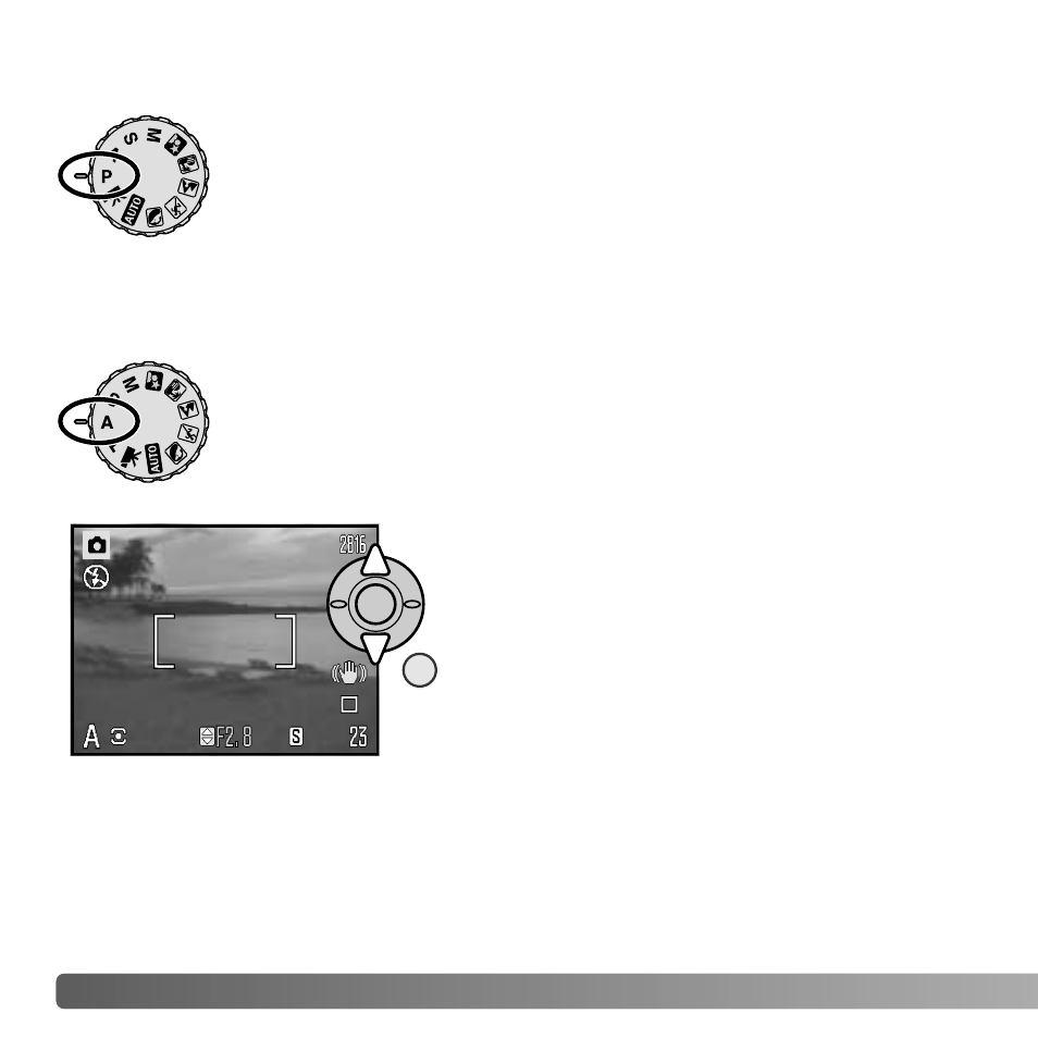 Program (p) exposure mode, Aperture priority (a) exposure mode | Konica Minolta DiMAGE Z6 User Manual | Page 36 / 132