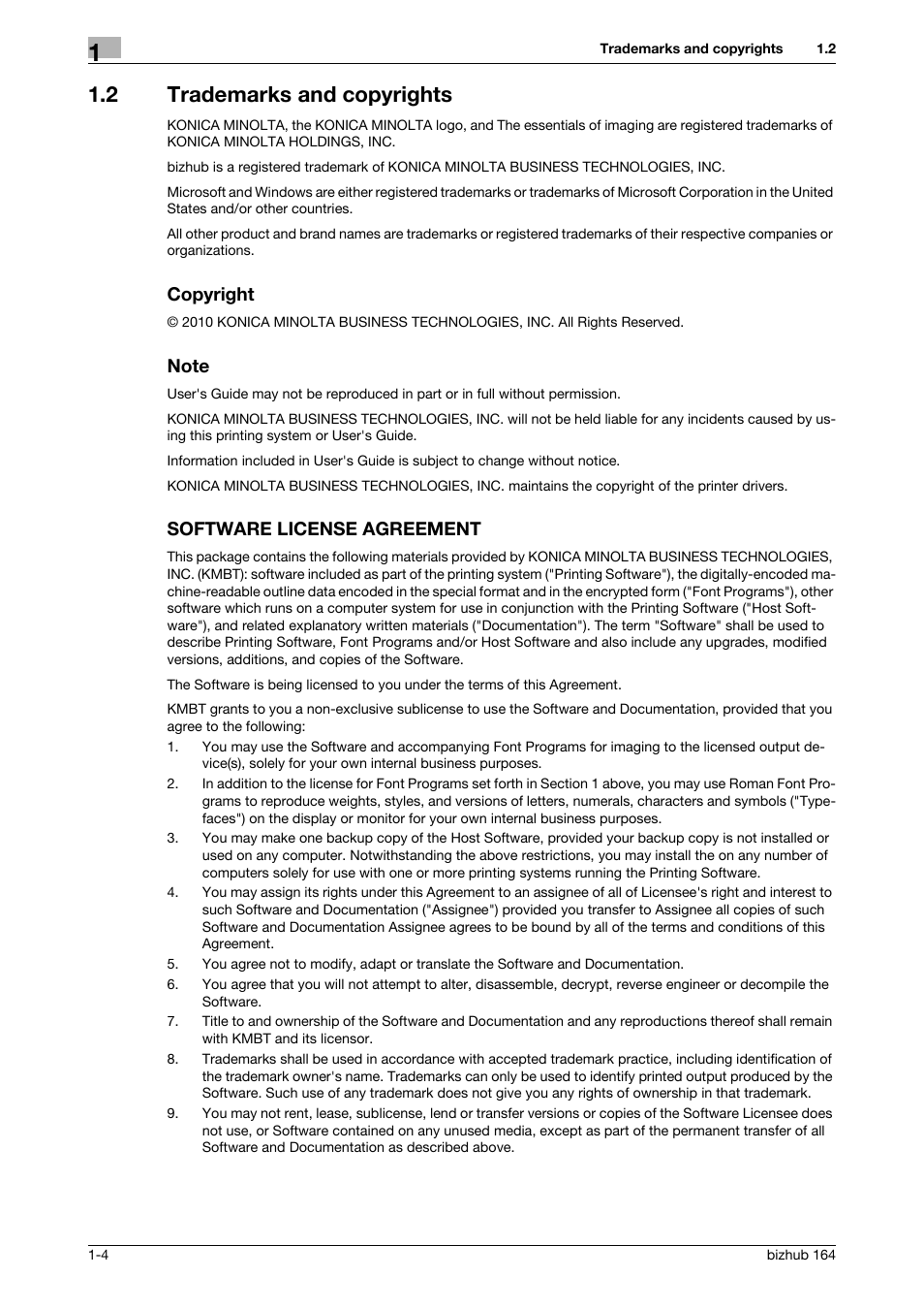 2 trademarks and copyrights, Copyright, Note | Software license agreement | Konica Minolta BIZHUB 164 User Manual | Page 10 / 138