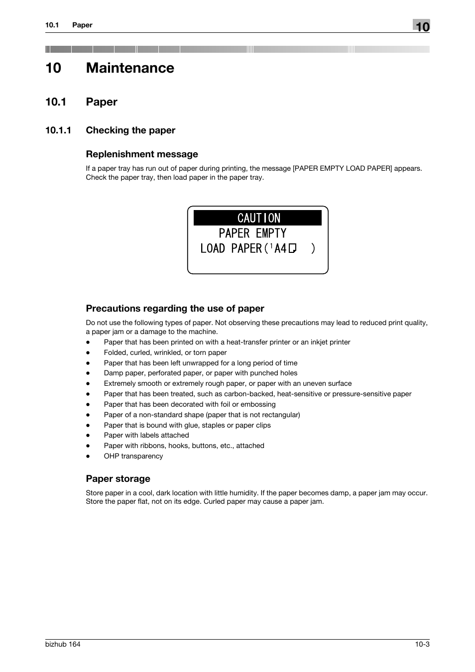 10 maintenance, 1 paper, 1 checking the paper | Replenishment message, Precautions regarding the use of paper, Paper storage, Maintenance, Paper -3 | Konica Minolta BIZHUB 164 User Manual | Page 101 / 138