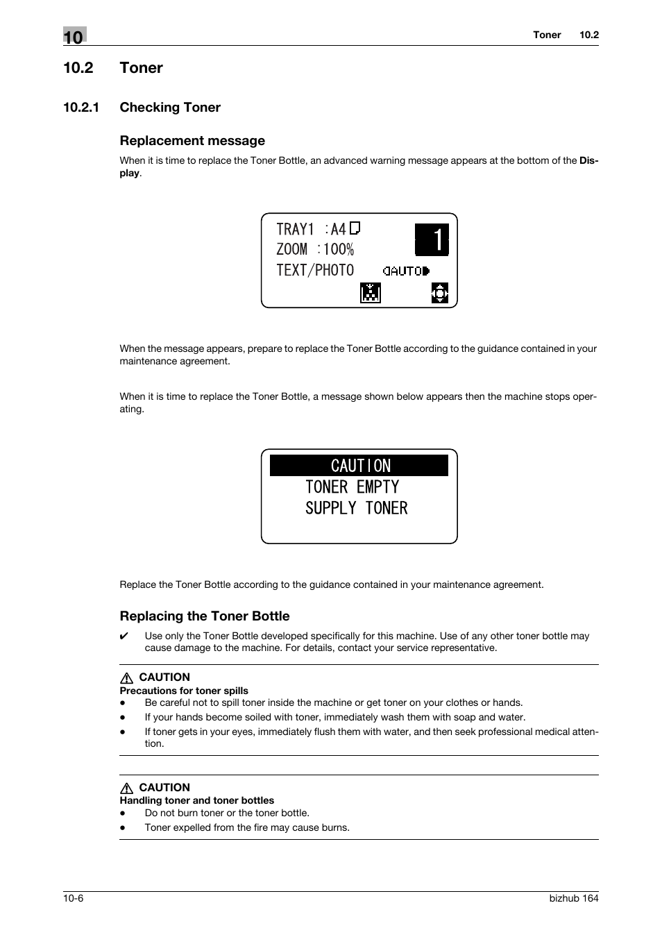 2 toner, 1 checking toner, Replacement message | Replacing the toner bottle, Toner -6 | Konica Minolta BIZHUB 164 User Manual | Page 104 / 138