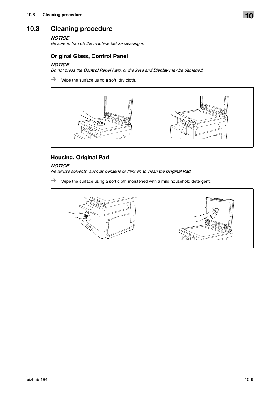 3 cleaning procedure, Original glass, control panel, Housing, original pad | Konica Minolta BIZHUB 164 User Manual | Page 107 / 138