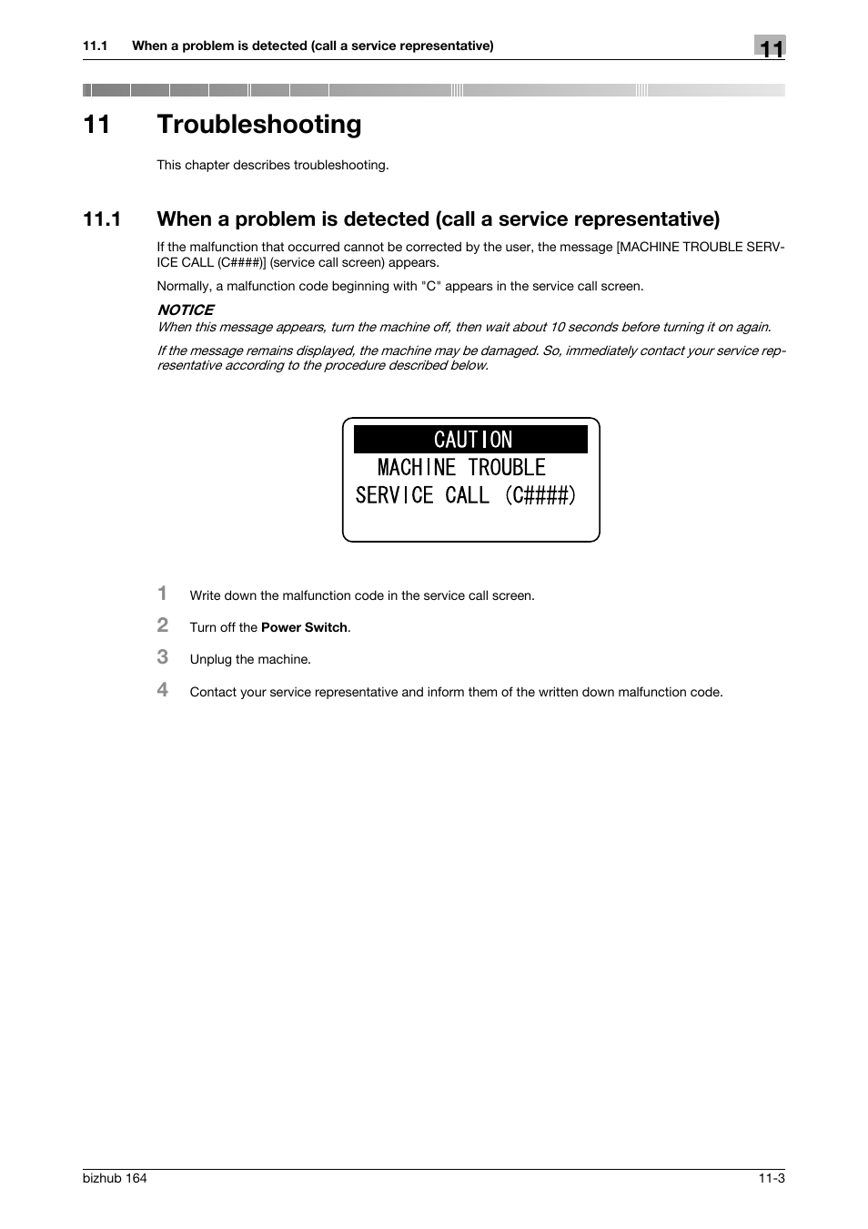 11 troubleshooting, Troubleshooting | Konica Minolta BIZHUB 164 User Manual | Page 111 / 138