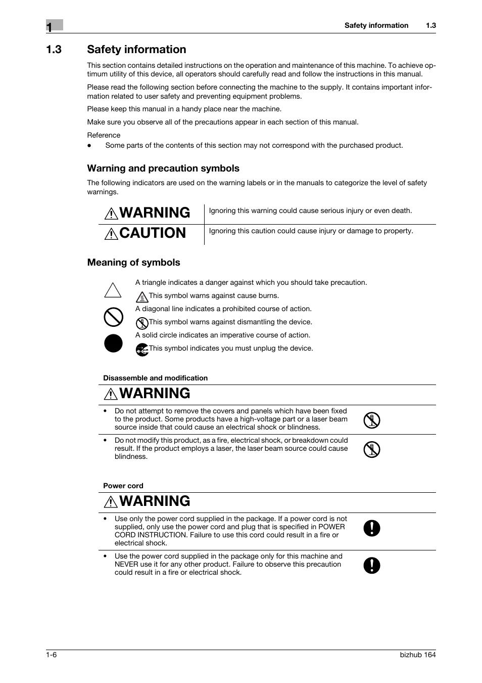 3 safety information, Warning and precaution symbols, Meaning of symbols | Warning, Caution | Konica Minolta BIZHUB 164 User Manual | Page 12 / 138