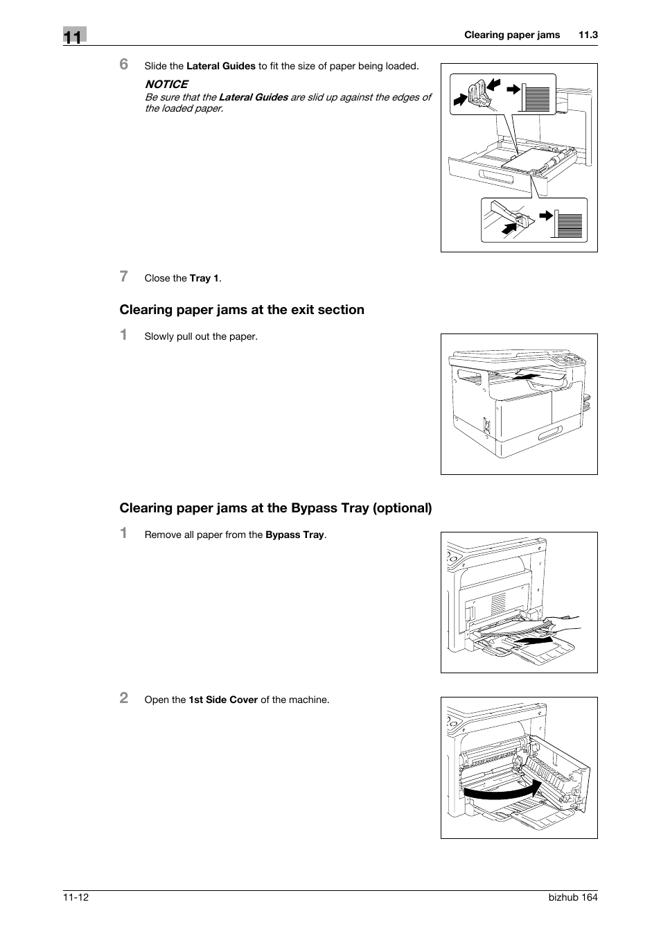 Clearing paper jams at the exit section, Clearing paper jams at the bypass tray (optional) | Konica Minolta BIZHUB 164 User Manual | Page 120 / 138