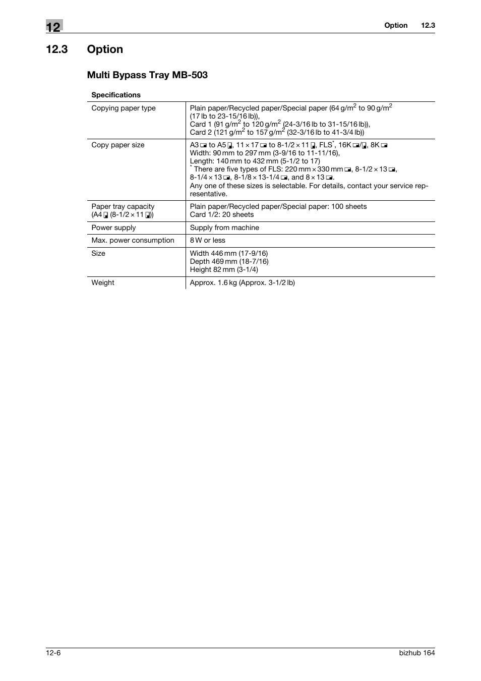 3 option, Multi bypass tray mb-503, Option -6 multi bypass tray mb-503 -6 | Konica Minolta BIZHUB 164 User Manual | Page 128 / 138