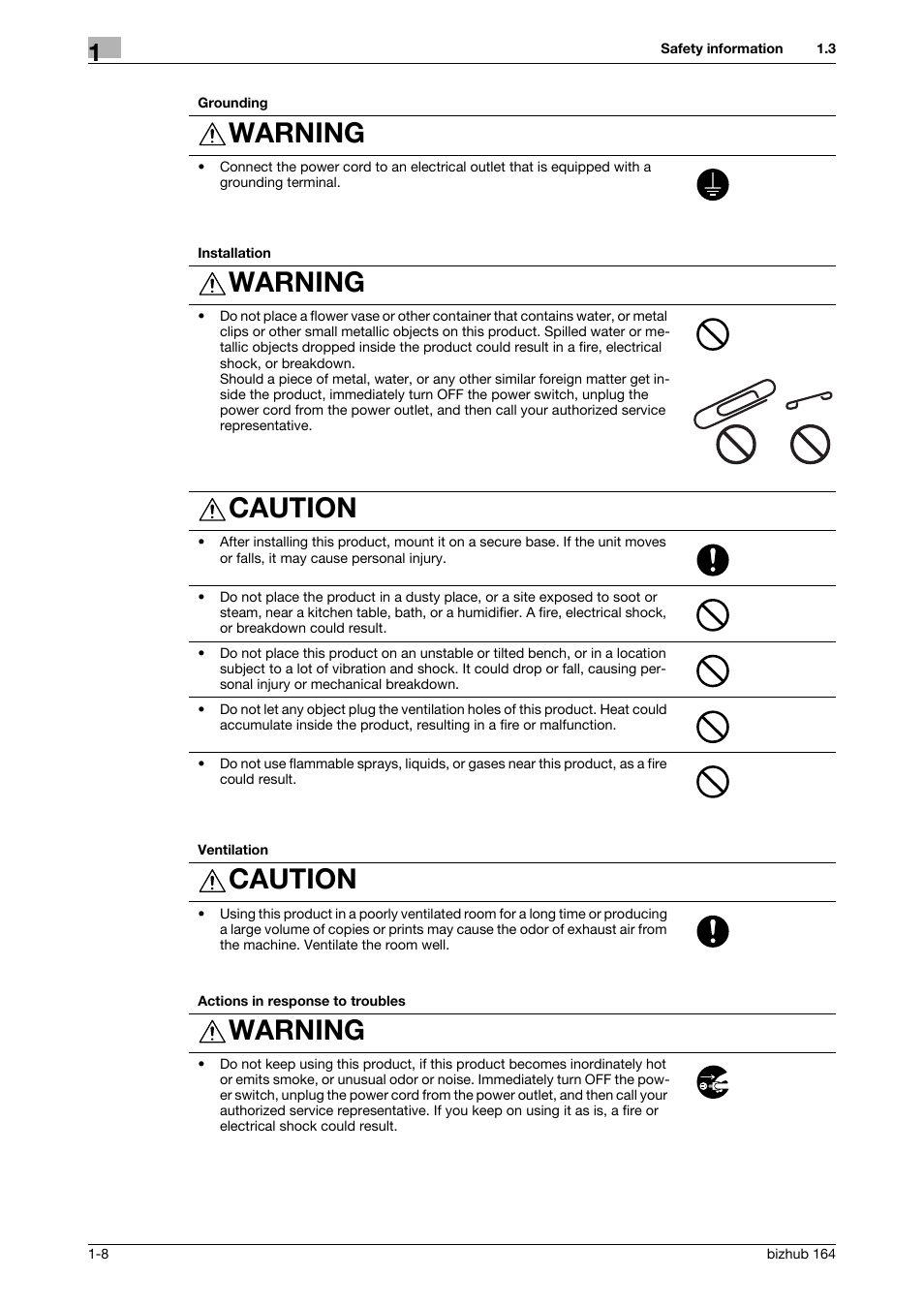 Warning, Caution | Konica Minolta BIZHUB 164 User Manual | Page 14 / 138