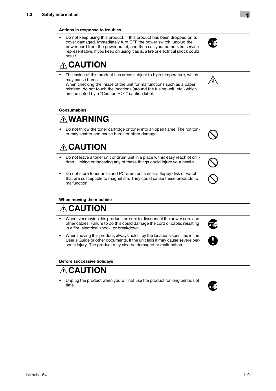 Caution, Warning | Konica Minolta BIZHUB 164 User Manual | Page 15 / 138