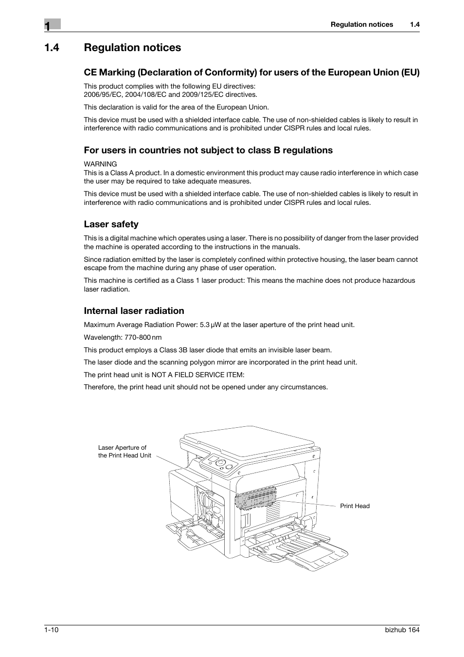 4 regulation notices, Laser safety, Internal laser radiation | Konica Minolta BIZHUB 164 User Manual | Page 16 / 138