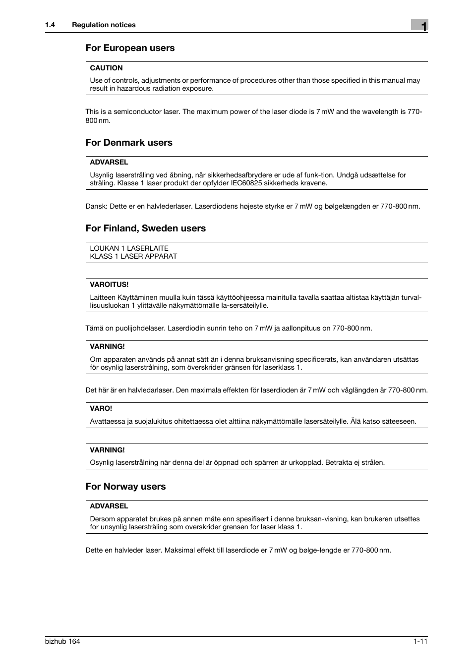 For european users, For denmark users, For finland, sweden users | For norway users | Konica Minolta BIZHUB 164 User Manual | Page 17 / 138