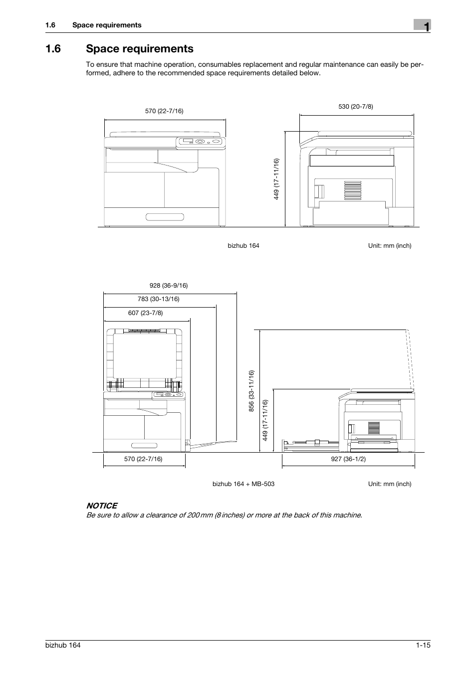 6 space requirements, Space requirements -15 | Konica Minolta BIZHUB 164 User Manual | Page 21 / 138
