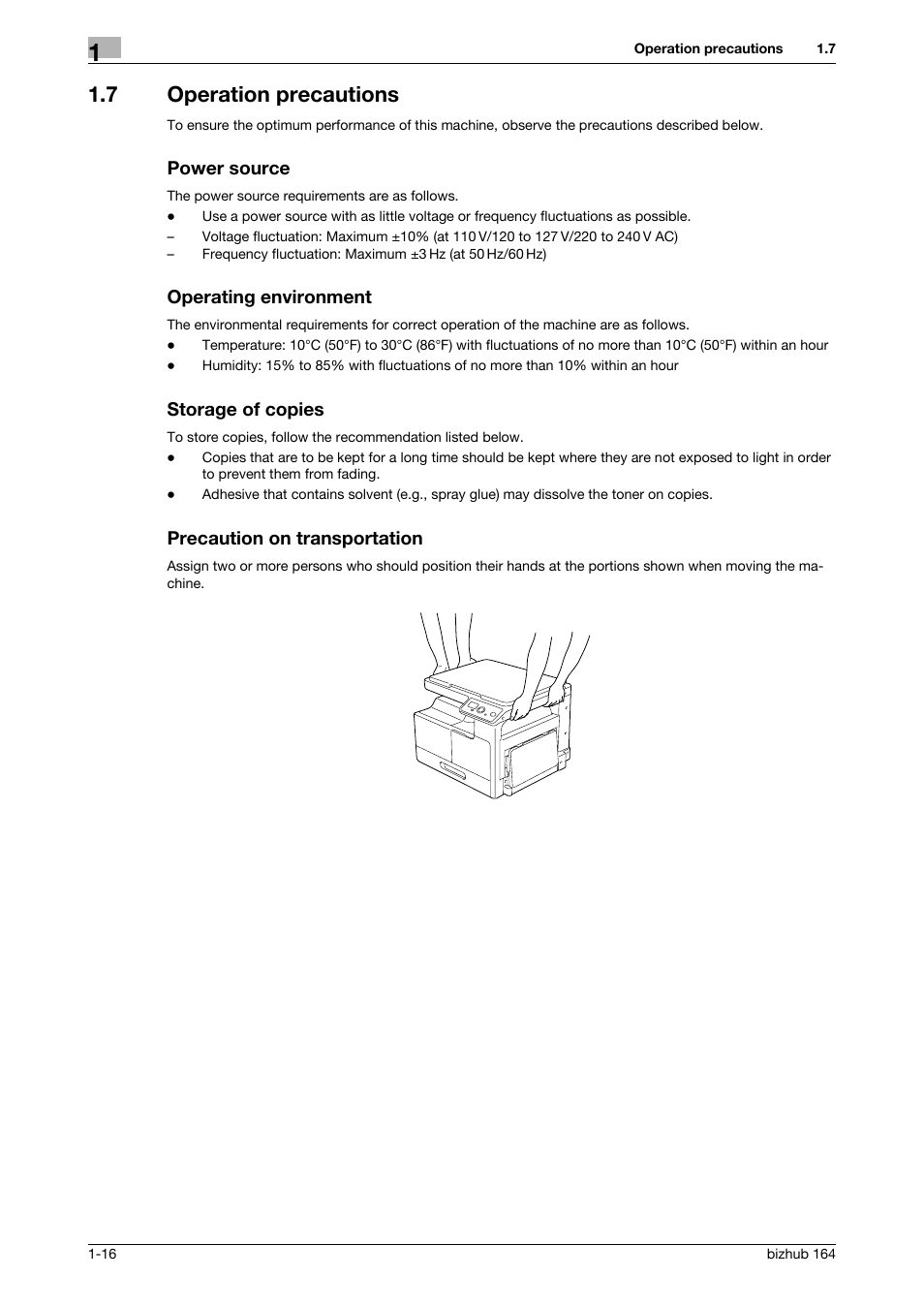 7 operation precautions, Power source, Operating environment | Storage of copies, Precaution on transportation | Konica Minolta BIZHUB 164 User Manual | Page 22 / 138