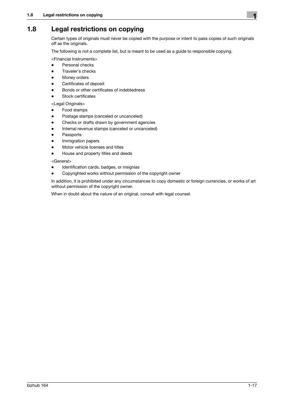 8 legal restrictions on copying, Legal restrictions on copying -17 | Konica Minolta BIZHUB 164 User Manual | Page 23 / 138