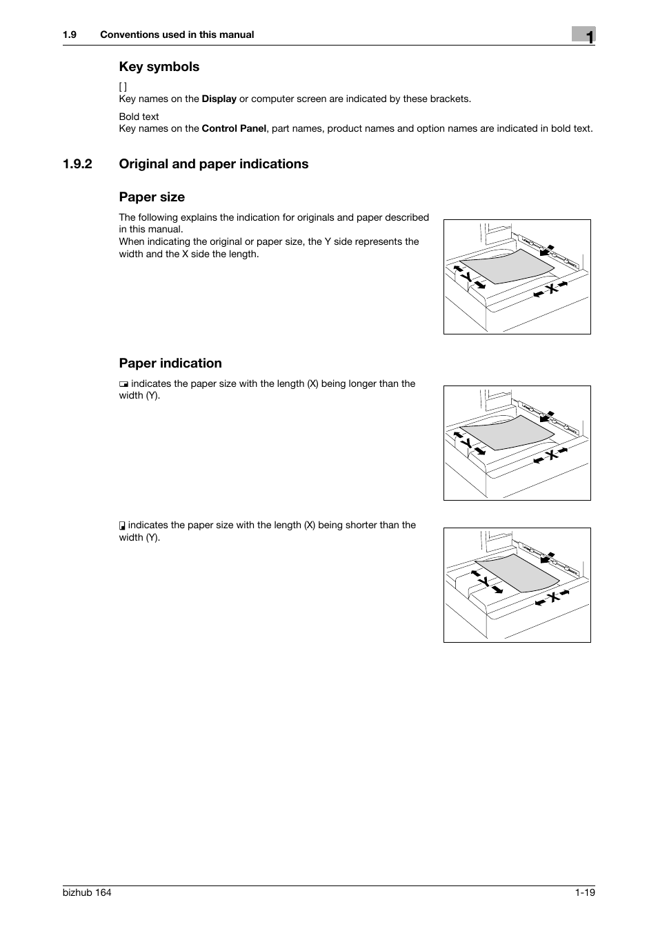 Key symbols, 2 original and paper indications, Paper size | Paper indication, Key symbols -19 | Konica Minolta BIZHUB 164 User Manual | Page 25 / 138