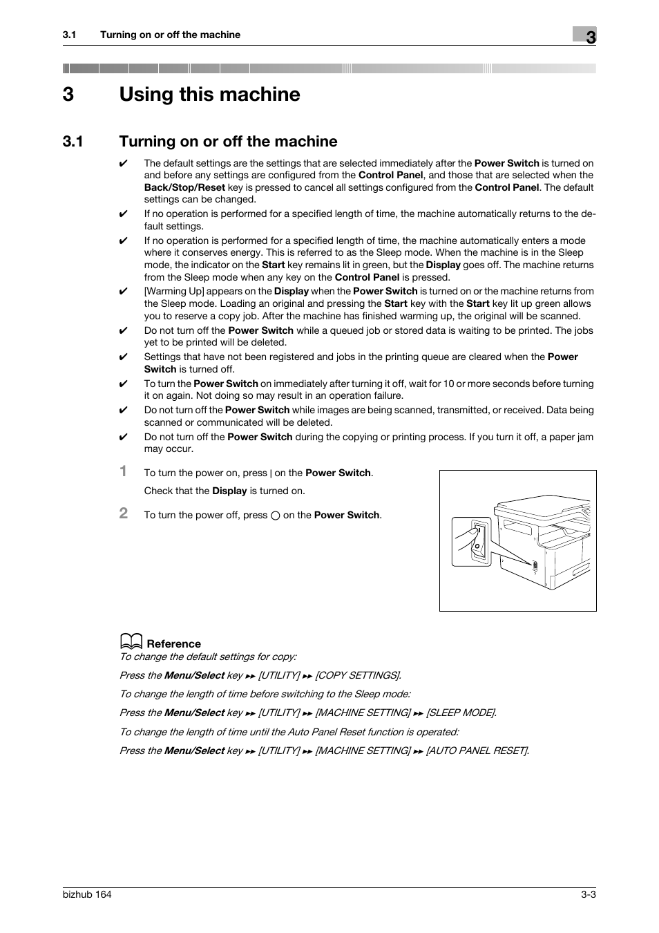 3 using this machine, 1 turning on or off the machine, Using this machine | Turning on or off the machine -3, 3using this machine | Konica Minolta BIZHUB 164 User Manual | Page 35 / 138