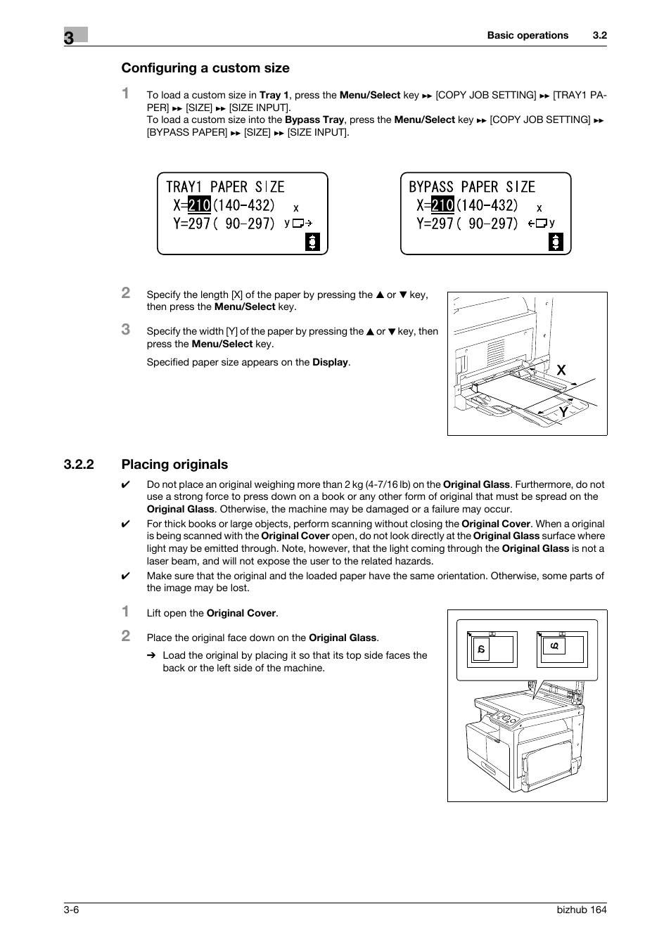 Configuring a custom size, 2 placing originals, Configuring a custom size -6 | Placing originals -6 | Konica Minolta BIZHUB 164 User Manual | Page 38 / 138