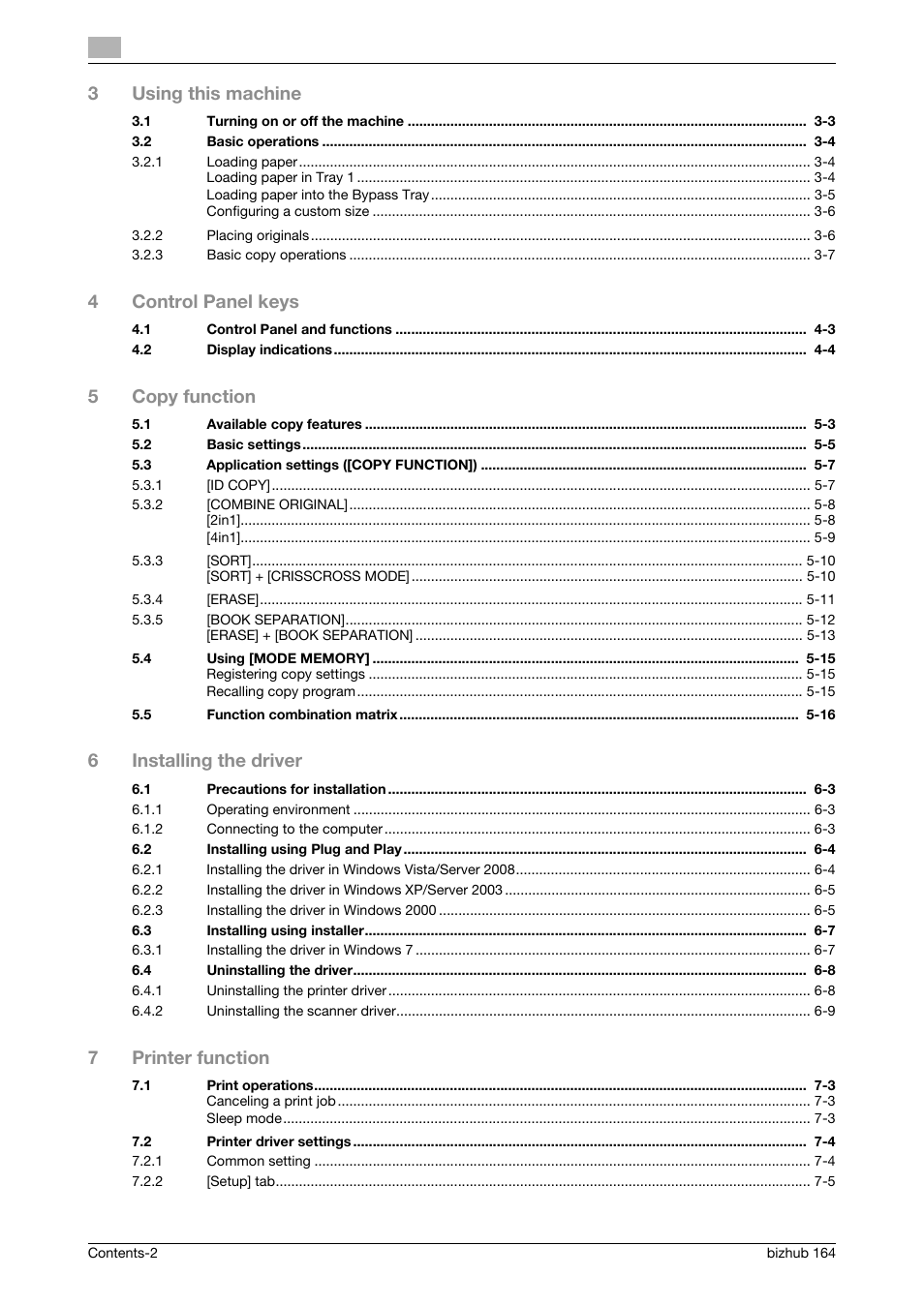 3using this machine, 4control panel keys, 5copy function | 6installing the driver, 7printer function | Konica Minolta BIZHUB 164 User Manual | Page 4 / 138