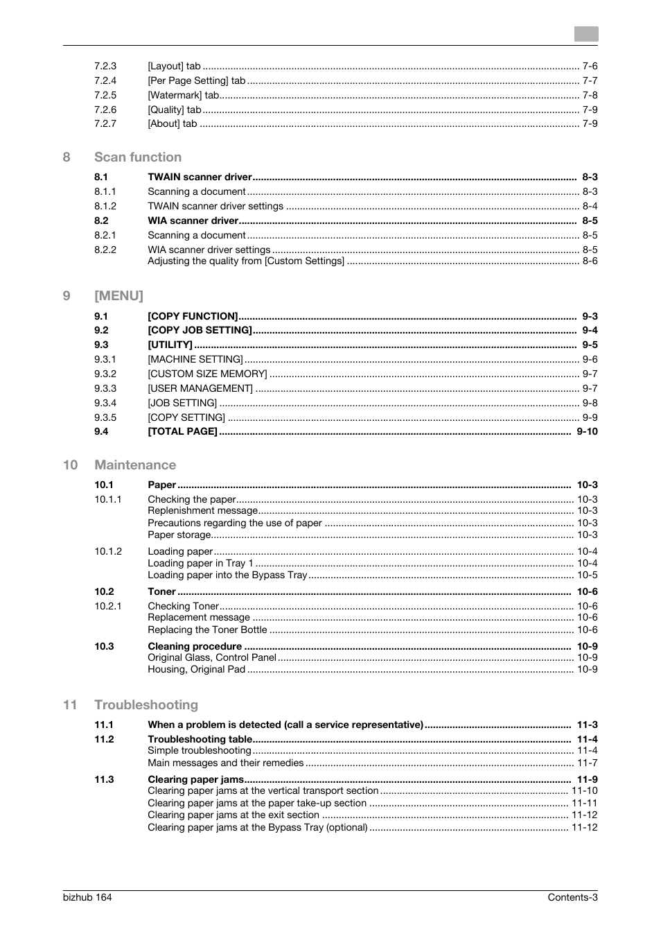 8scan function, 9[menu, 10 maintenance | 11 troubleshooting | Konica Minolta BIZHUB 164 User Manual | Page 5 / 138