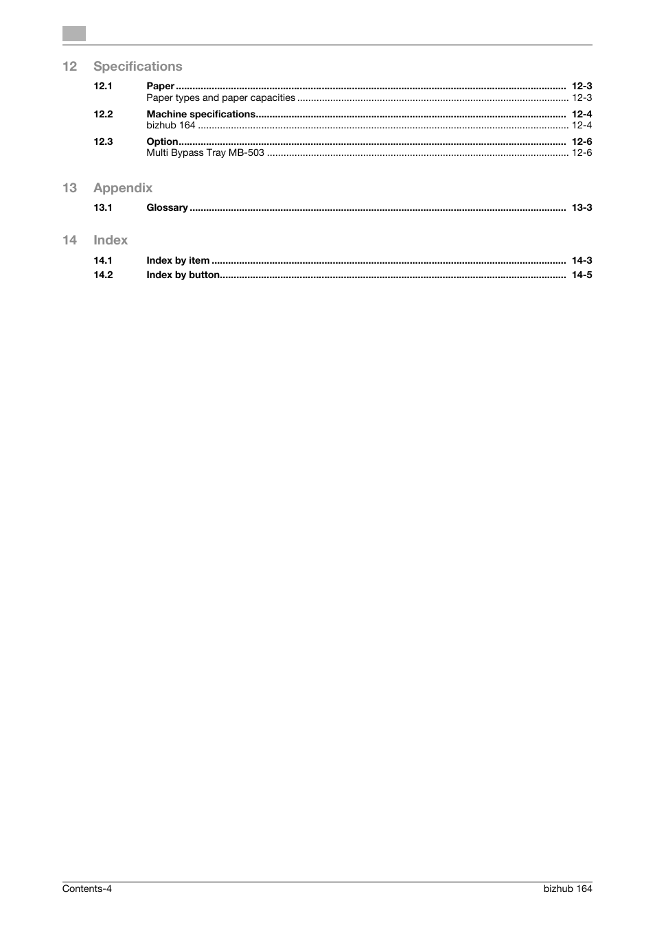 12 specifications, 13 appendix, 14 index | Konica Minolta BIZHUB 164 User Manual | Page 6 / 138