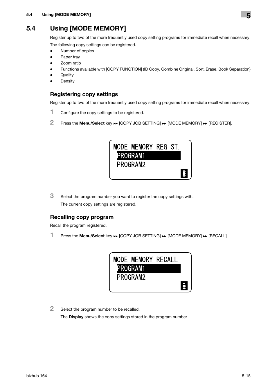 4 using [mode memory, Registering copy settings, Recalling copy program | Konica Minolta BIZHUB 164 User Manual | Page 61 / 138