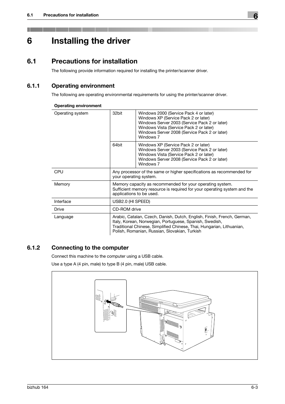 6 installing the driver, 1 precautions for installation, 1 operating environment | 2 connecting to the computer, Installing the driver, Precautions for installation -3, Operating environment -3, Connecting to the computer -3, 6installing the driver | Konica Minolta BIZHUB 164 User Manual | Page 65 / 138