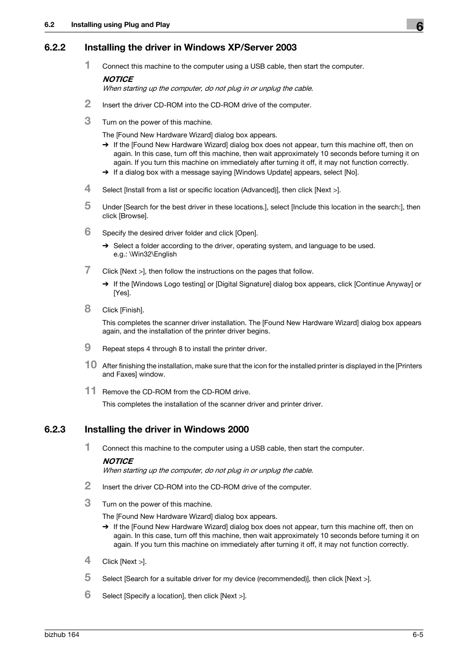 2 installing the driver in windows xp/server 2003, 3 installing the driver in windows 2000, Installing the driver in windows xp/server 2003 -5 | Installing the driver in windows 2000 -5 | Konica Minolta BIZHUB 164 User Manual | Page 67 / 138