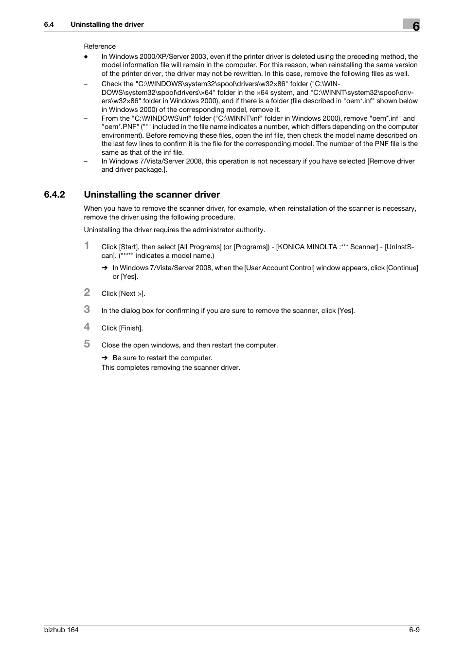 2 uninstalling the scanner driver, Uninstalling the scanner driver -9 | Konica Minolta BIZHUB 164 User Manual | Page 71 / 138