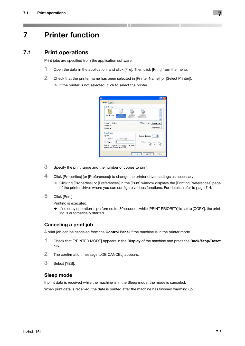 7 printer function, 1 print operations, Canceling a print job | Sleep mode, Printer function, 7printer function | Konica Minolta BIZHUB 164 User Manual | Page 75 / 138
