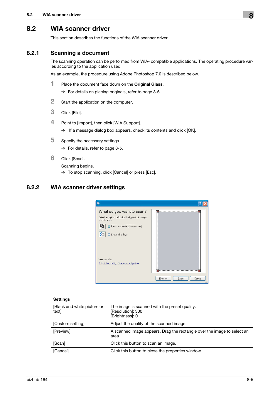 2 wia scanner driver, 1 scanning a document, 2 wia scanner driver settings | Wia scanner driver -5, Scanning a document -5, Wia scanner driver settings -5 | Konica Minolta BIZHUB 164 User Manual | Page 87 / 138