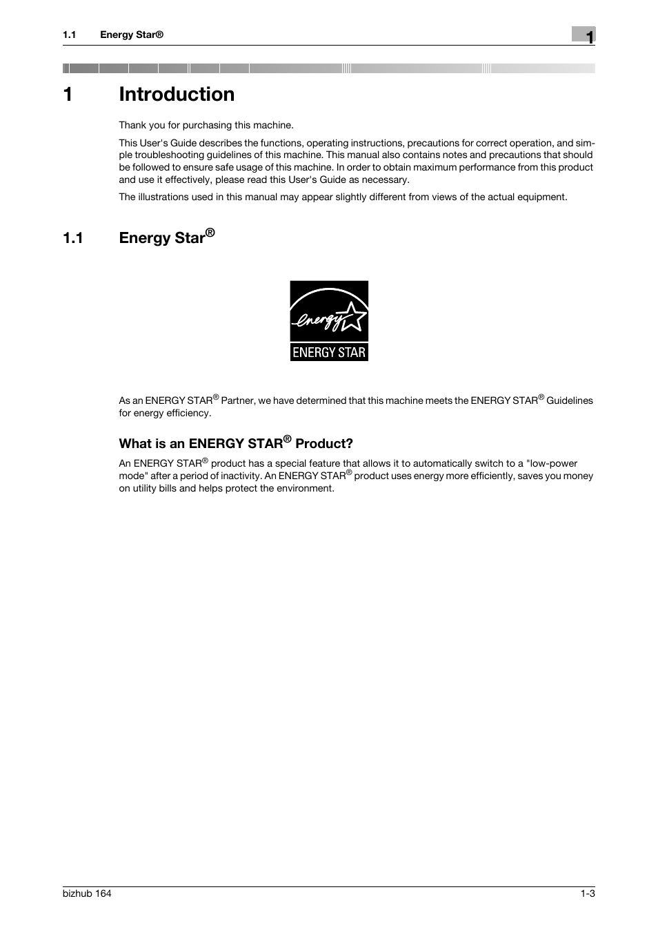 1 introduction, 1 energy star, What is an energy star® product | Introduction, 1introduction | Konica Minolta BIZHUB 164 User Manual | Page 9 / 138
