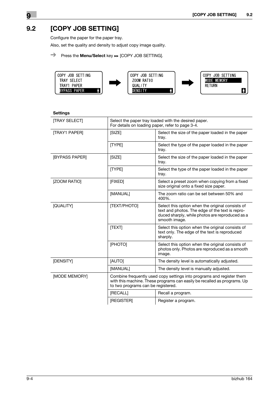 2 [copy job setting, Copy job setting] -4, P. 9-4 | Konica Minolta BIZHUB 164 User Manual | Page 92 / 138