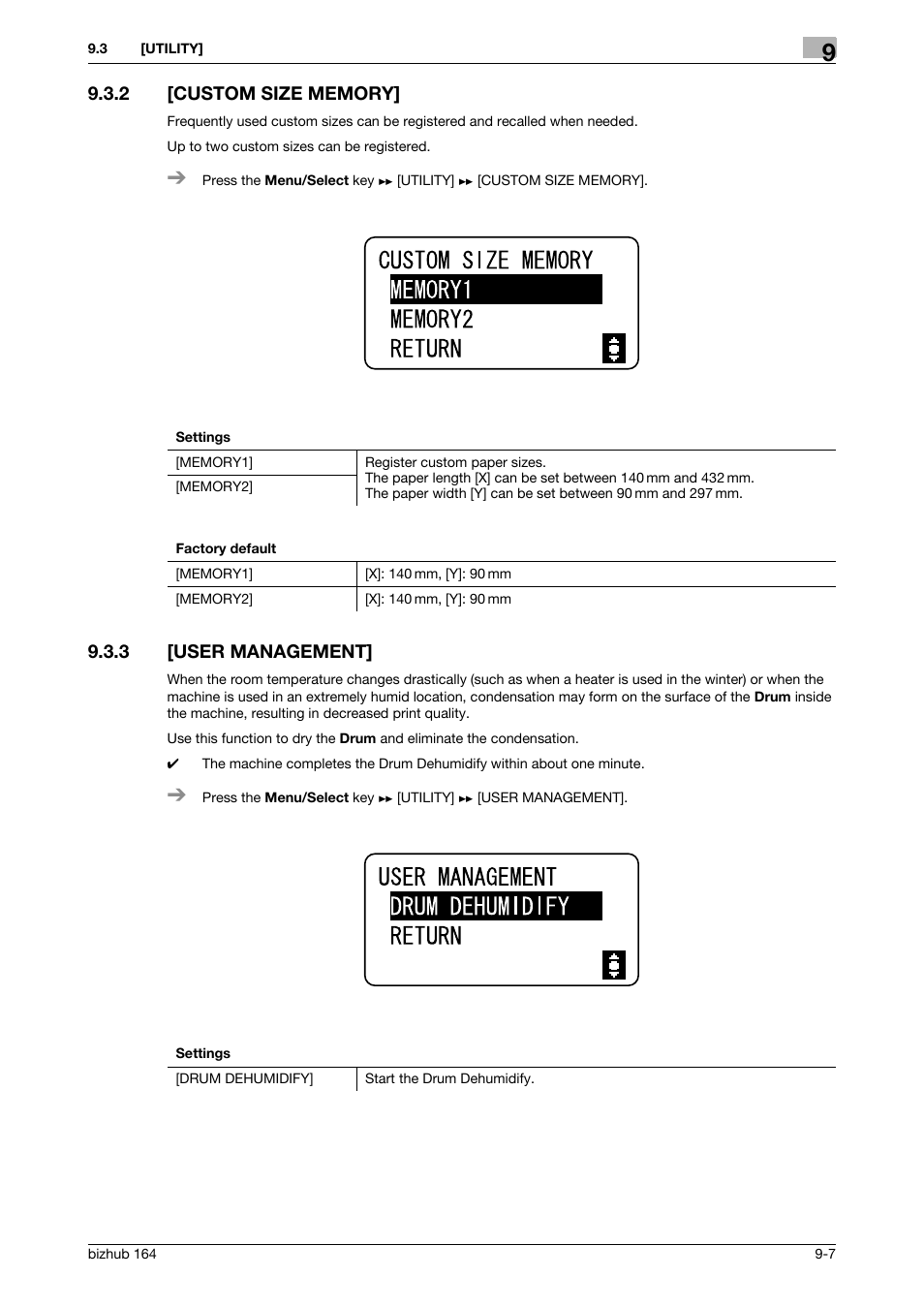 2 [custom size memory, 3 [user management, Custom size memory] -7 | User management] -7, P. 9-7 | Konica Minolta BIZHUB 164 User Manual | Page 95 / 138