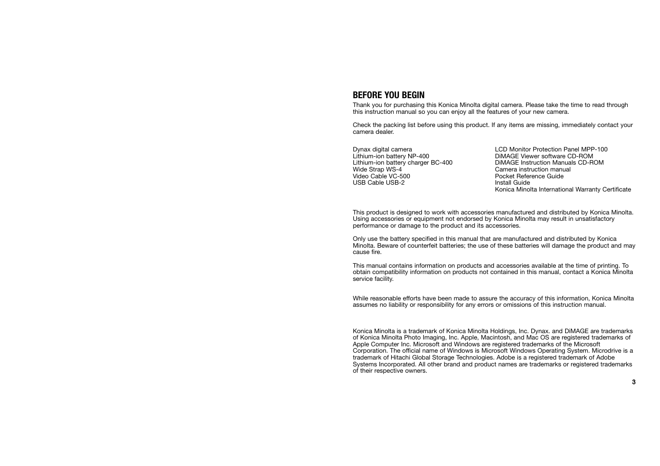 Before you begin | Konica Minolta DYNAX 7D User Manual | Page 2 / 74