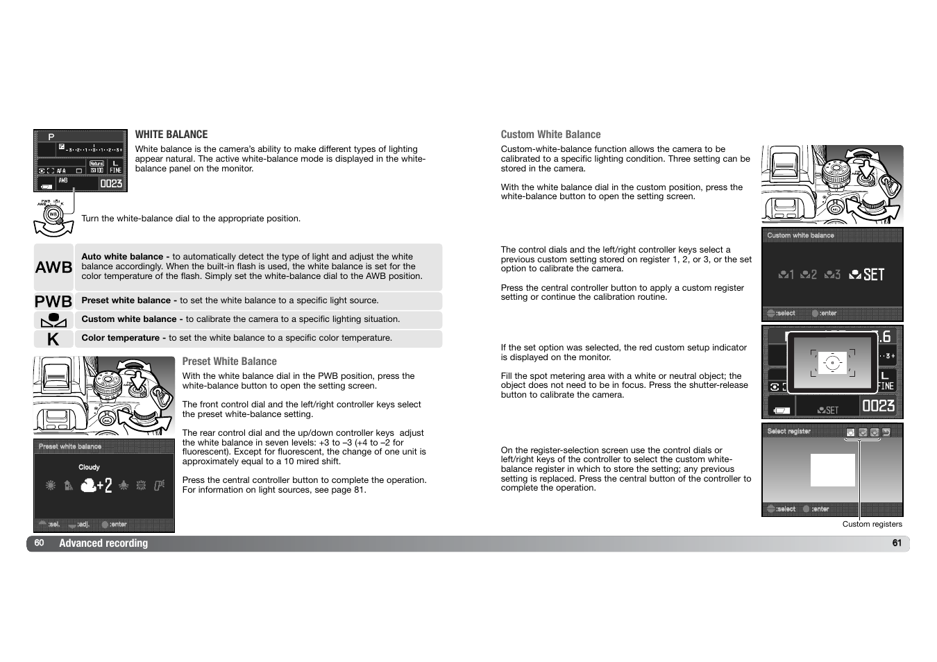 Advanced recording white balance, Custom white balance, Preset white balance | Konica Minolta DYNAX 7D User Manual | Page 31 / 74