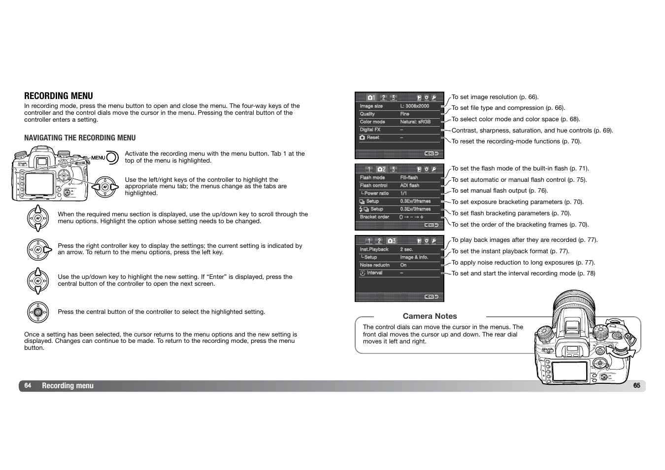 Recording menu, Navigating the recording menu | Konica Minolta DYNAX 7D User Manual | Page 33 / 74