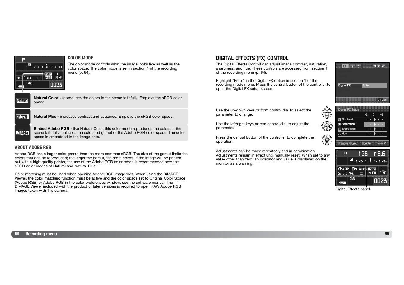 Digital effects (fx) control, Recording menu, Color mode | About adobe rgb | Konica Minolta DYNAX 7D User Manual | Page 35 / 74