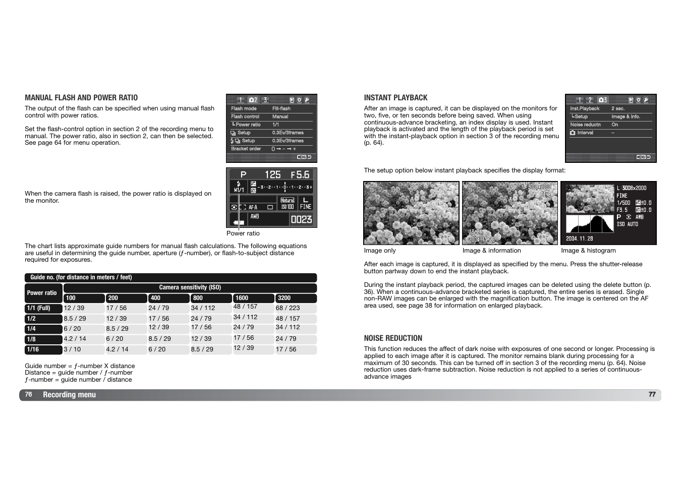Recording menu, Manual flash and power ratio, Instant playback | Noise reduction | Konica Minolta DYNAX 7D User Manual | Page 39 / 74