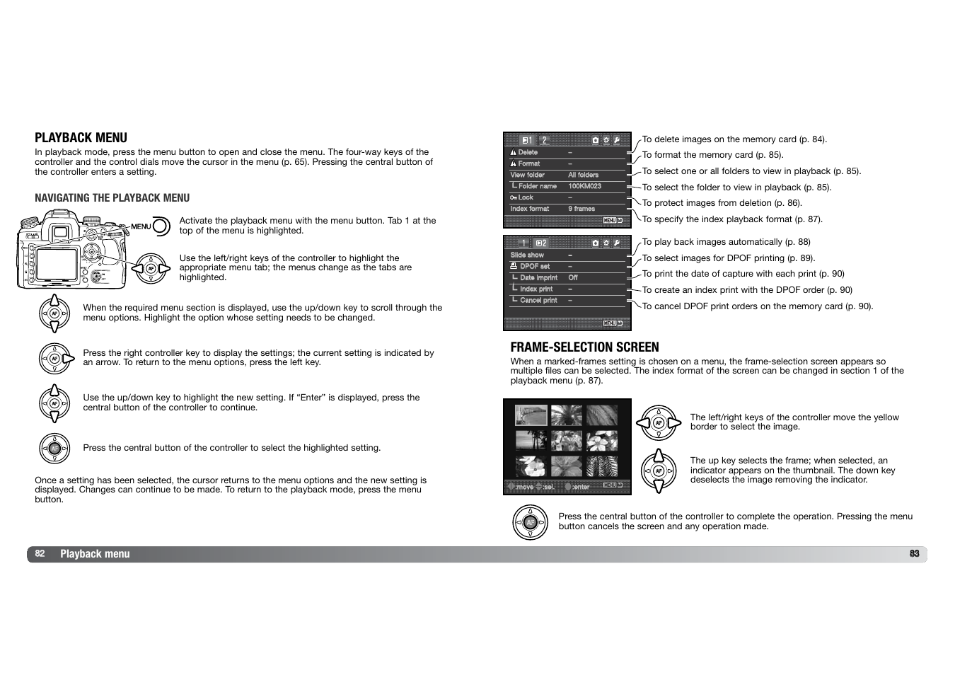 Playback menu, Frame-selection screen, Playback menu navigating the playback menu | Konica Minolta DYNAX 7D User Manual | Page 42 / 74