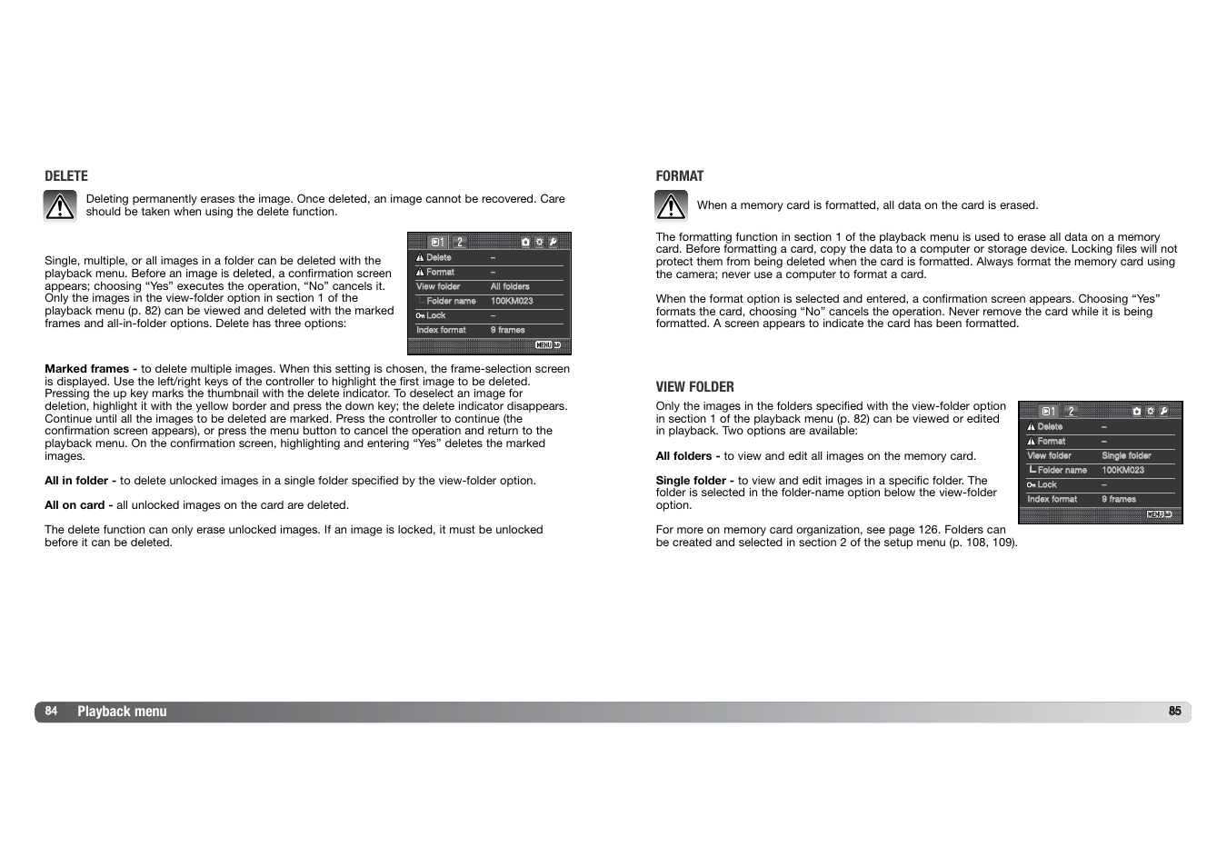 Playback menu, Delete, Format | View folder | Konica Minolta DYNAX 7D User Manual | Page 43 / 74