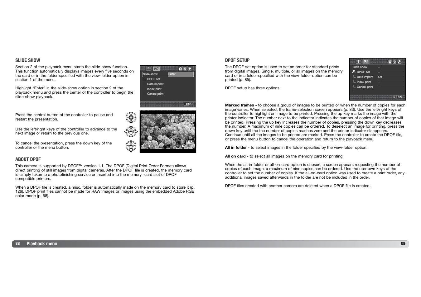 Playback menu, Slide show, About dpof | Dpof setup | Konica Minolta DYNAX 7D User Manual | Page 45 / 74