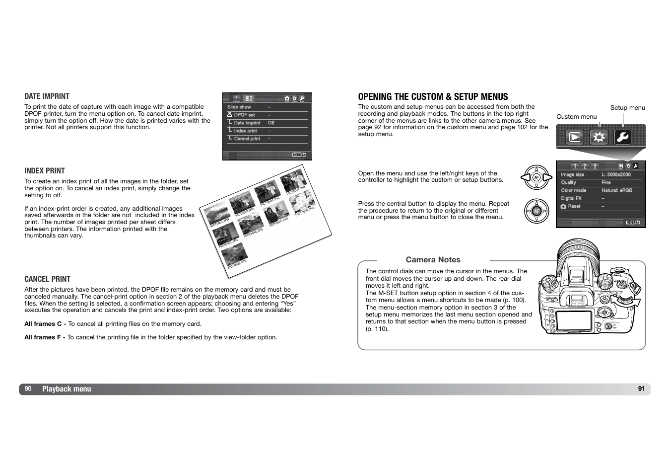 Opening the custom & setup menus, Playback menu, Cancel print index print | Date imprint | Konica Minolta DYNAX 7D User Manual | Page 46 / 74