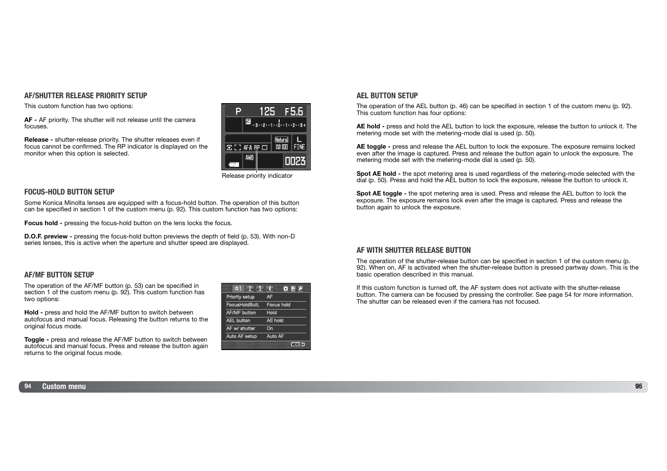 Custom menu, Af/shutter release priority setup, Focus-hold button setup | Af/mf button setup, Ael button setup, Af with shutter release button | Konica Minolta DYNAX 7D User Manual | Page 48 / 74
