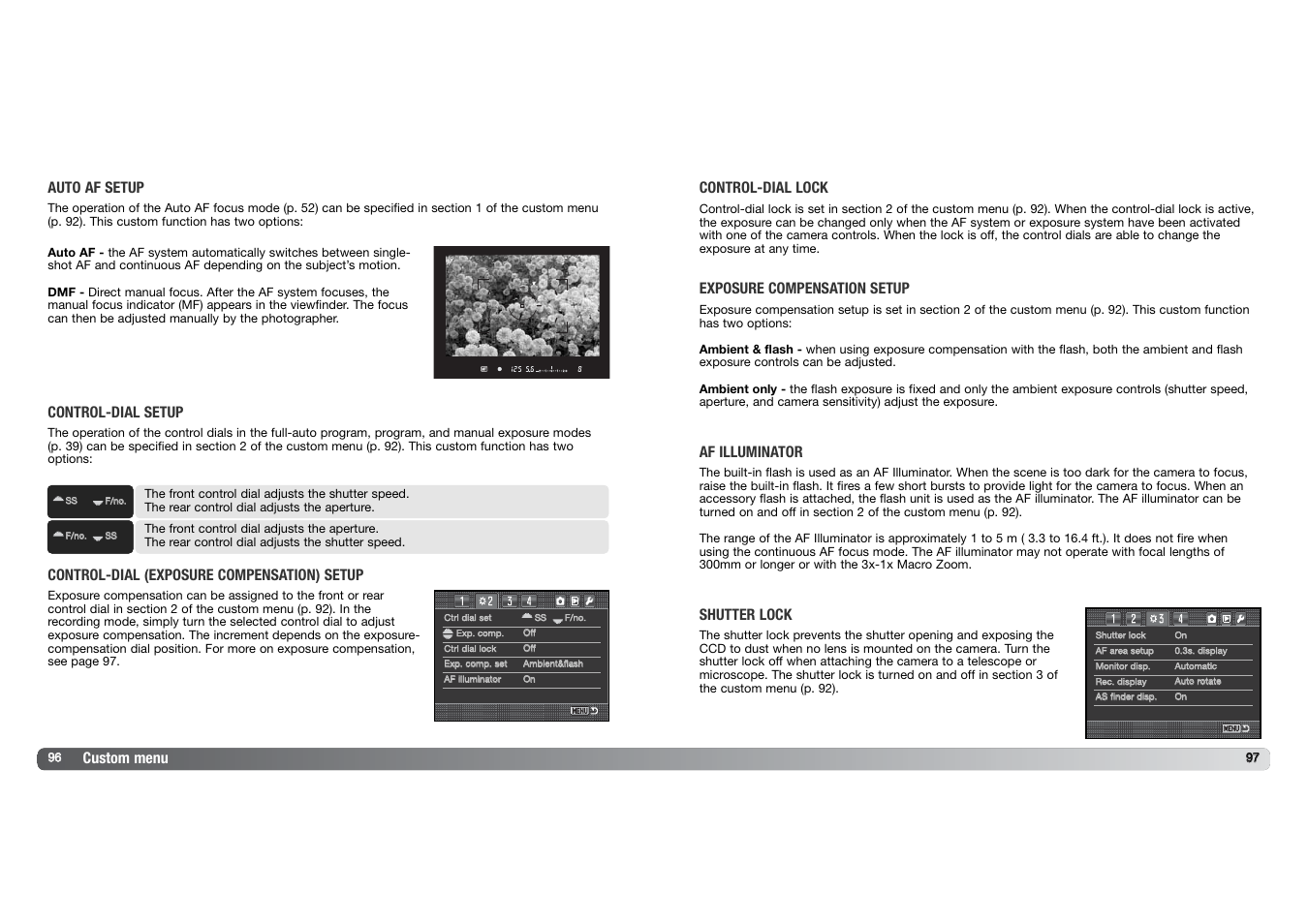 Custom menu auto af setup, Control-dial setup, Control-dial (exposure compensation) setup | Control-dial lock, Exposure compensation setup, Af illuminator, Shutter lock | Konica Minolta DYNAX 7D User Manual | Page 49 / 74
