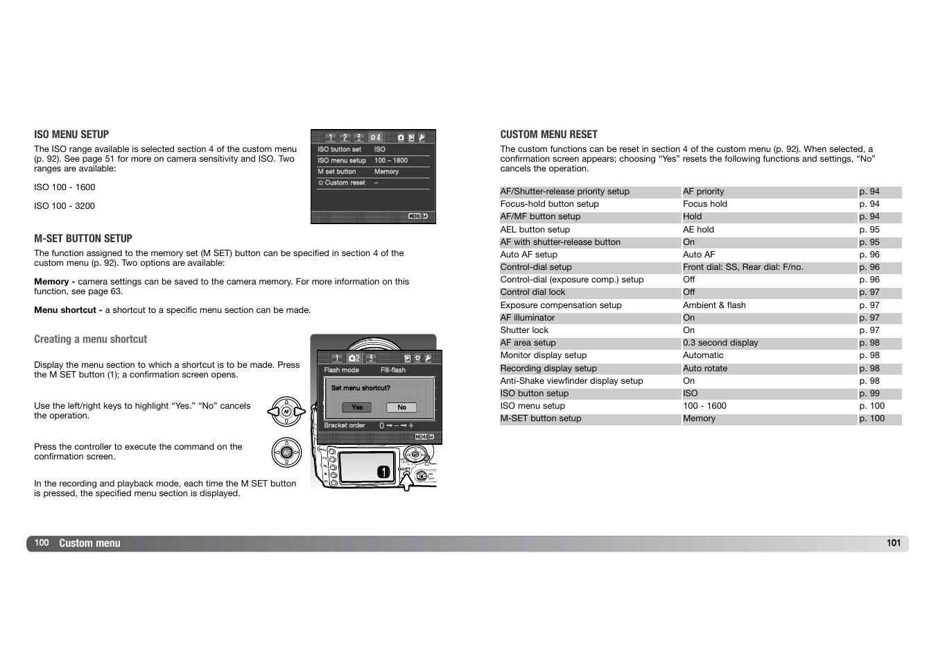 Custom menu iso menu setup, M-set button setup, Creating a menu shortcut | Custom menu reset | Konica Minolta DYNAX 7D User Manual | Page 51 / 74