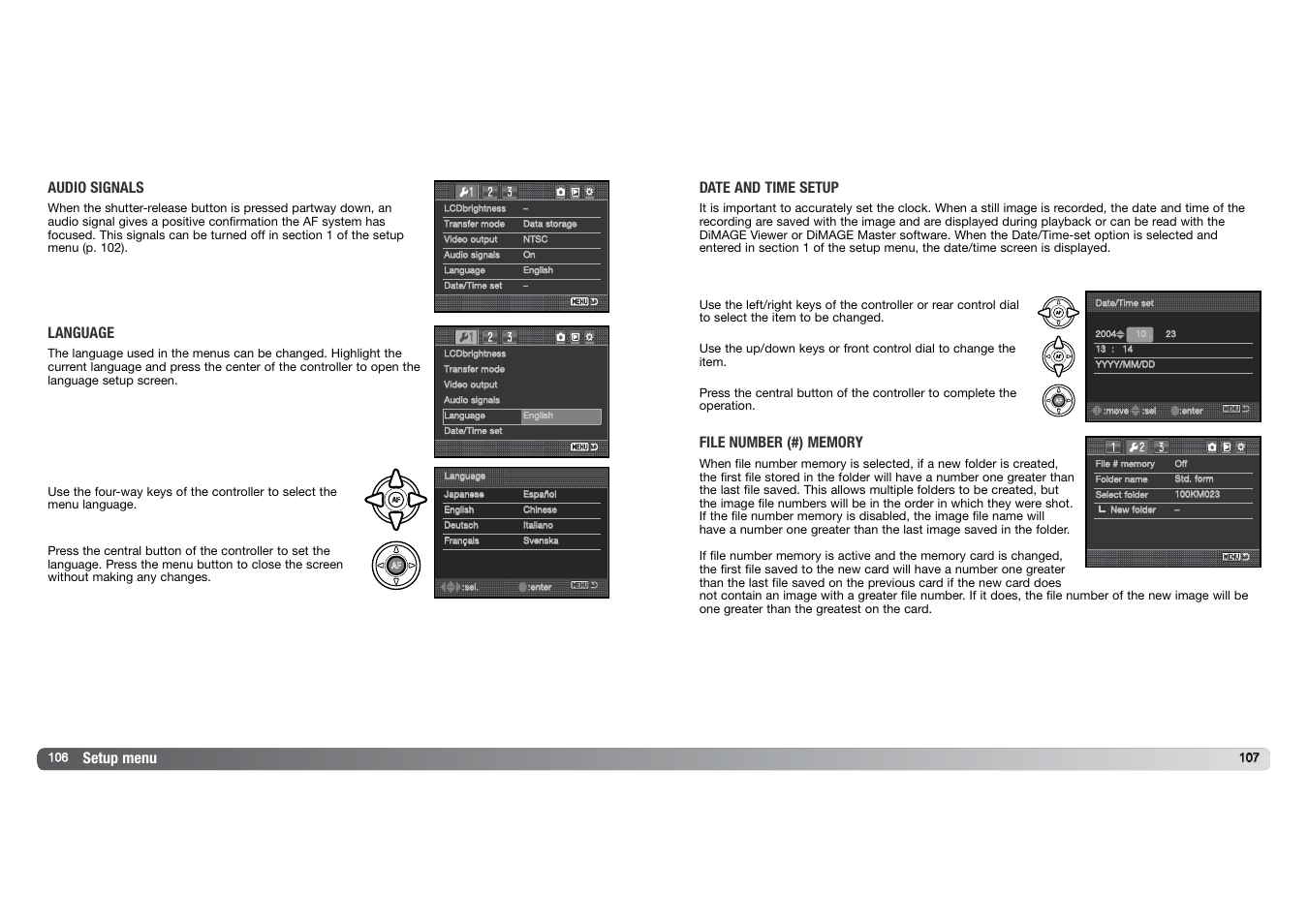Setup menu language, Audio signals, Date and time setup | Konica Minolta DYNAX 7D User Manual | Page 54 / 74