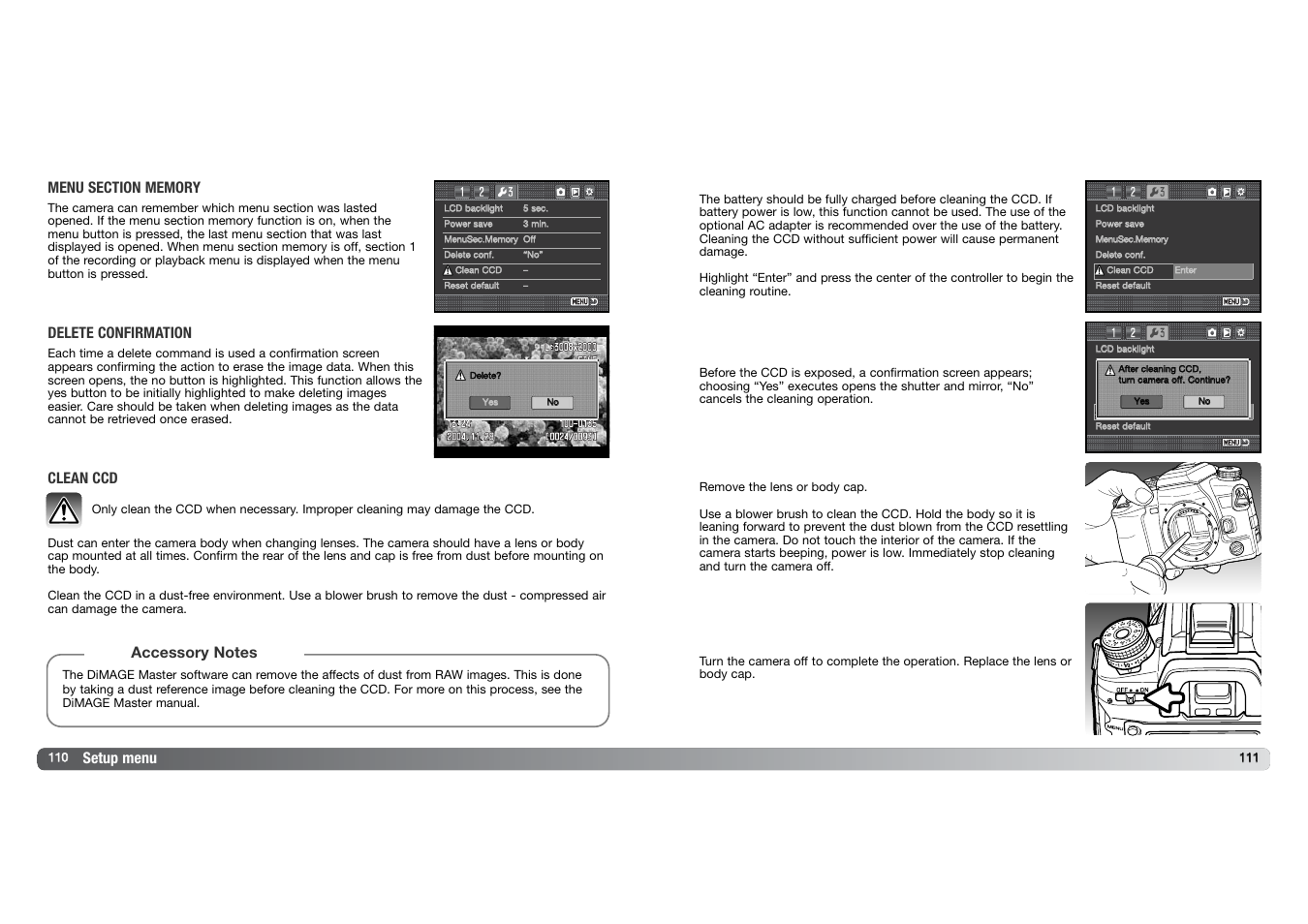 Setup menu, Delete confirmation, Clean ccd | Konica Minolta DYNAX 7D User Manual | Page 56 / 74