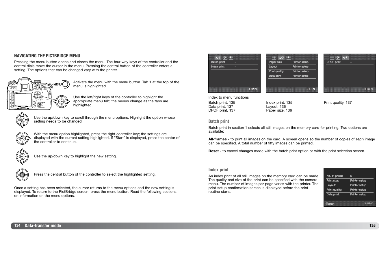 Data-transfer mode navigating the pictbridge menu, Batch print, Index print | Konica Minolta DYNAX 7D User Manual | Page 68 / 74