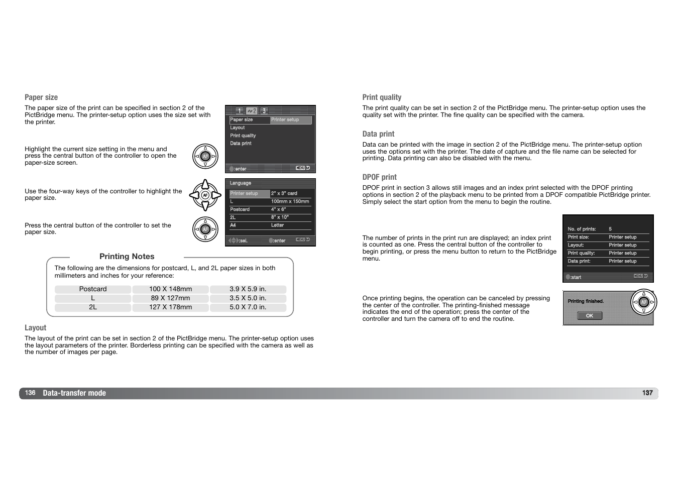 Data-transfer mode paper size, Print quality, Data print | Layout, Dpof print | Konica Minolta DYNAX 7D User Manual | Page 69 / 74